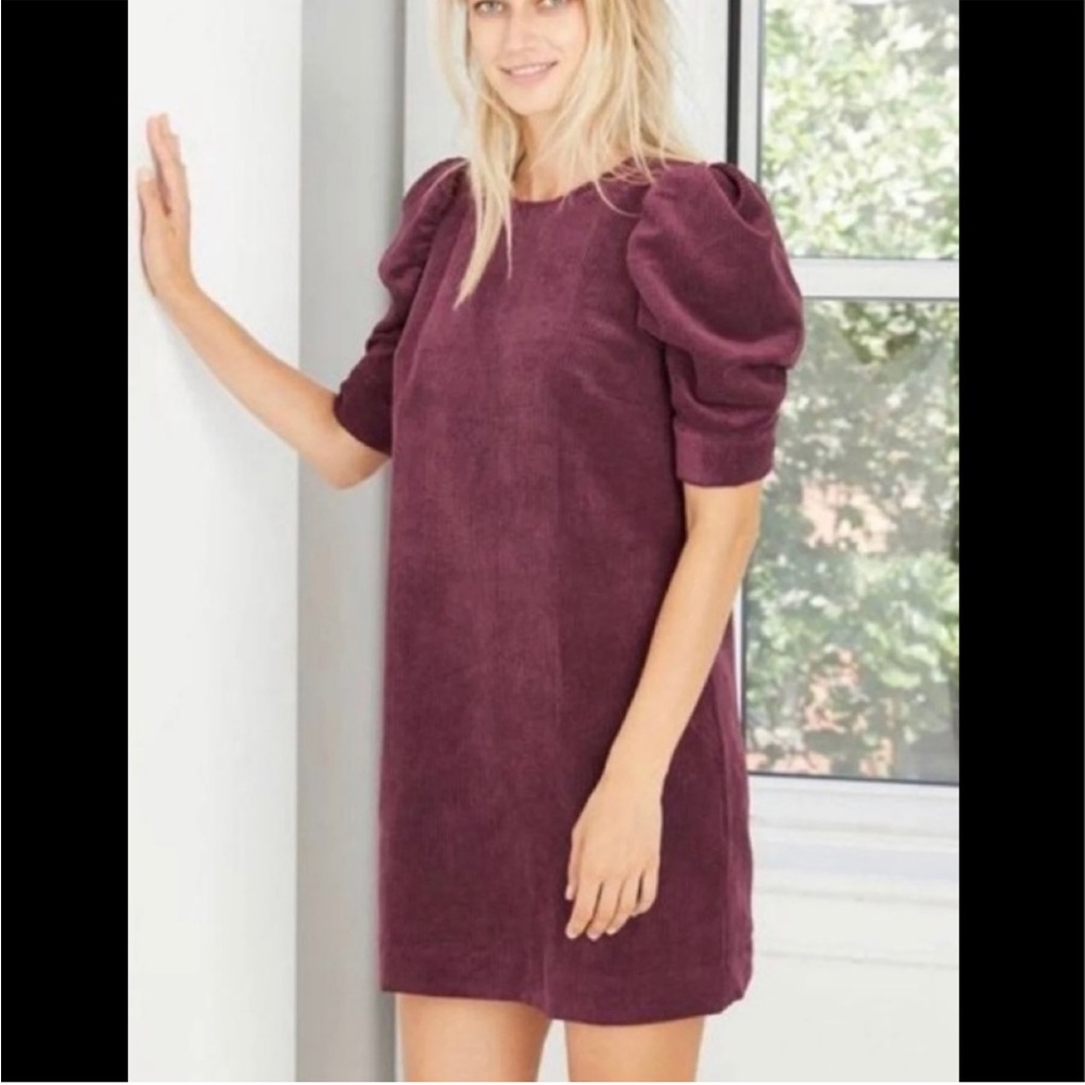 {Who What Wear} Purple Corduroy Mini Dress with Puff Sleeves